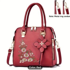 Fashion bug red handbag with crossbody strap 10x10" embroidery on front flowers